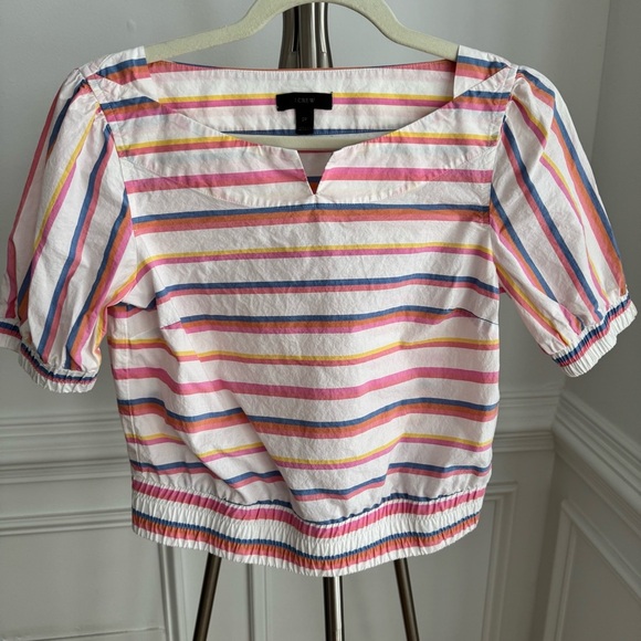 J. Crew Cinched Waist Cropped Sorbet Stripe Cotton Top Size 2P - Picture 3 of 8